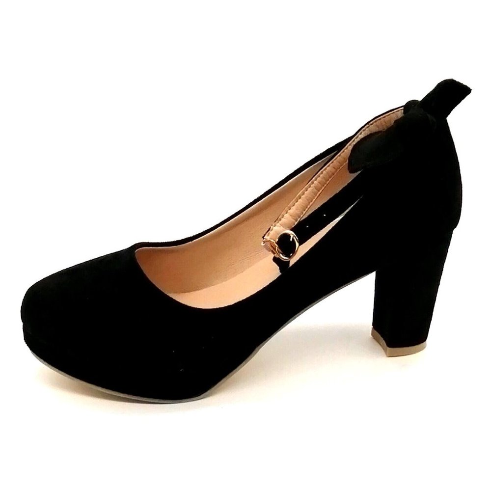 Womens Heels Black Faux Suede Mary Jane Round Toe‎ Block Heel Bow EUR 43 NEW